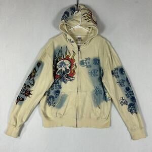 Circle Of Life Graphic Print Hoodie Men's Medium Full Zip Skulls Airbrushed Top